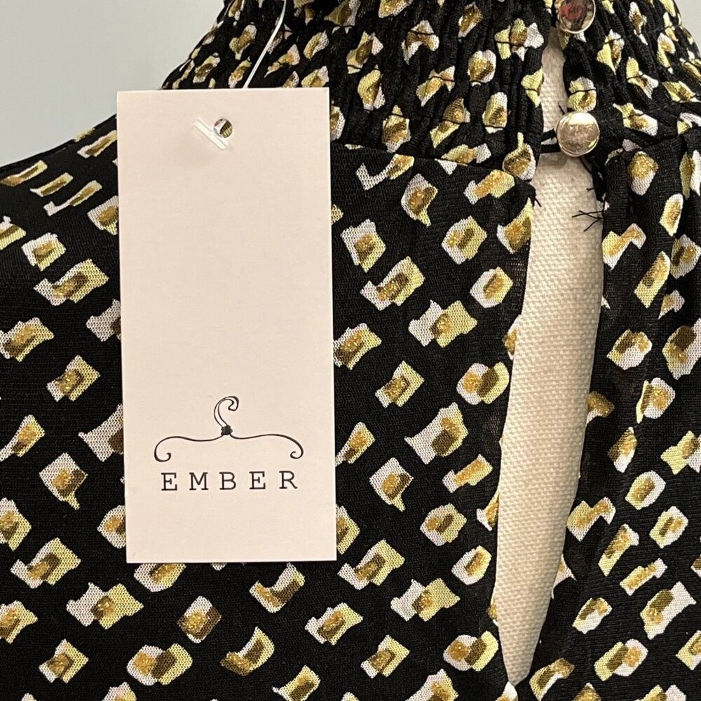 Ember Dress  Black Chiffon Metallic Tiered Smocked Mini High Neck Size M Event‎ - Picture 4 of 8